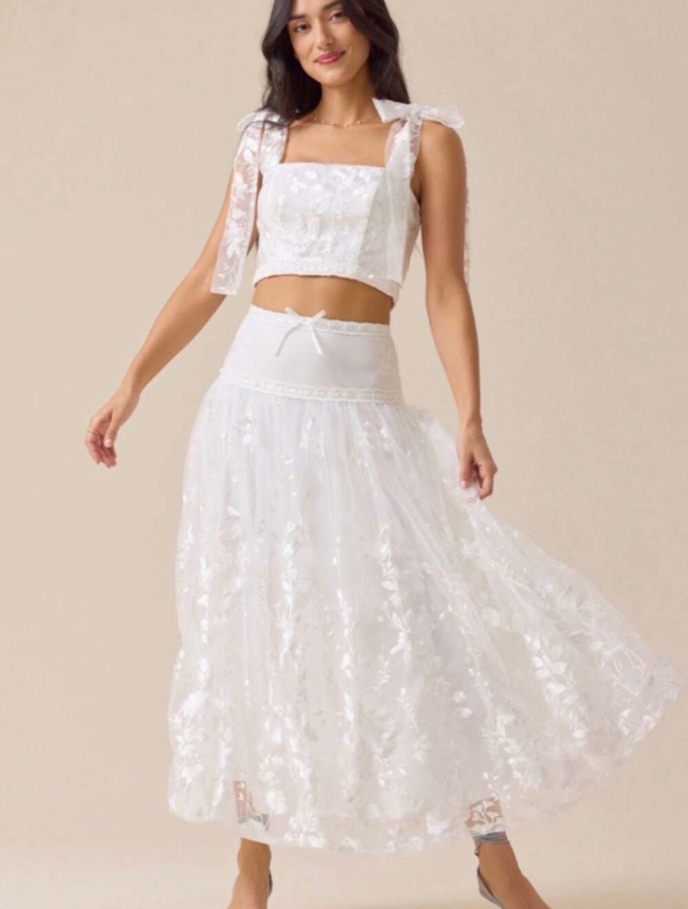Altar'd State White Floral Embroidered Crop Top Tie and Skirt Set Size S modern
